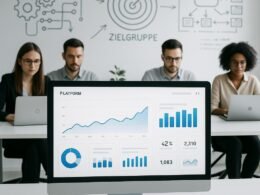 Modernes High-Tech Büro mit digitalem Dashboard, Mitarbeitenden an Laptops und Whiteboard mit Skizzen zu Automatisierung und Content-Strategien