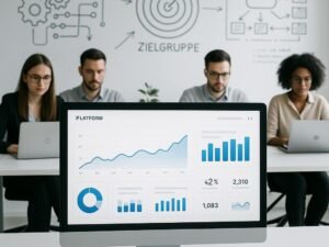 Modernes High-Tech Büro mit digitalem Dashboard, Mitarbeitenden an Laptops und Whiteboard mit Skizzen zu Automatisierung und Content-Strategien