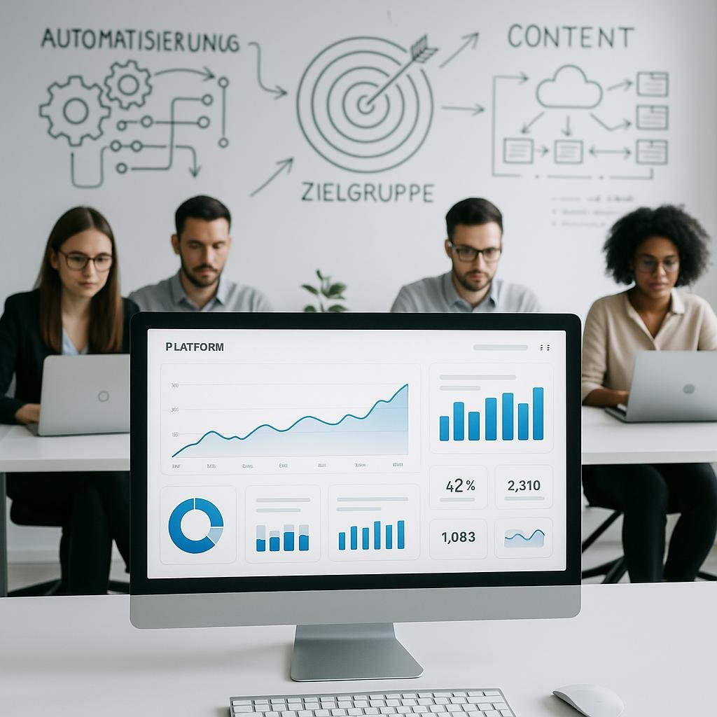 Modernes High-Tech Büro mit digitalem Dashboard, Mitarbeitenden an Laptops und Whiteboard mit Skizzen zu Automatisierung und Content-Strategien