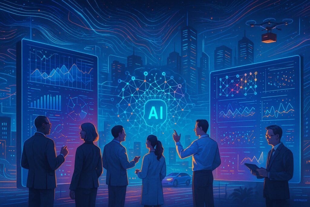 Futuristische Darstellung von KI-Technologie mit Fachleuten, holographischen Daten, autonomem Stadtverkehr und digitalen Mustern, die die digitale Revolution darstellen.