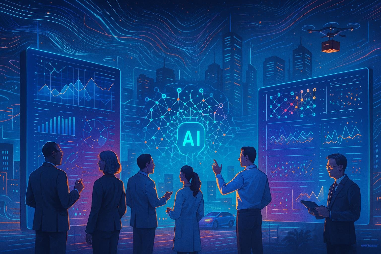 Futuristische Darstellung von KI-Technologie mit Fachleuten, holographischen Daten, autonomem Stadtverkehr und digitalen Mustern, die die digitale Revolution darstellen.