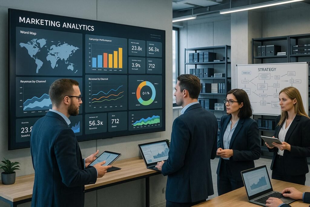 Großer Bildschirm im Kontrollzentrum mit Dashboards und KPI-Visualisierungen, umgeben von Personen in Business-Kleidung, im Hintergrund Serverregale und Strategietafeln, modern und lichtdurchflutet, Credit: 404 Magazine (Tobias Hager)
