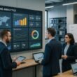 Großer Bildschirm im Kontrollzentrum mit Dashboards und KPI-Visualisierungen, umgeben von Personen in Business-Kleidung, im Hintergrund Serverregale und Strategietafeln, modern und lichtdurchflutet, Credit: 404 Magazine (Tobias Hager)