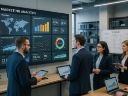 Großer Bildschirm im Kontrollzentrum mit Dashboards und KPI-Visualisierungen, umgeben von Personen in Business-Kleidung, im Hintergrund Serverregale und Strategietafeln, modern und lichtdurchflutet, Credit: 404 Magazine (Tobias Hager)
