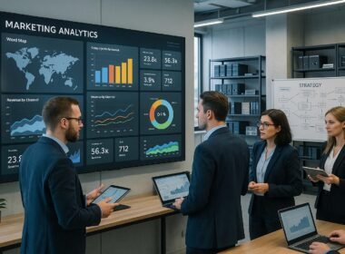 Großer Bildschirm im Kontrollzentrum mit Dashboards und KPI-Visualisierungen, umgeben von Personen in Business-Kleidung, im Hintergrund Serverregale und Strategietafeln, modern und lichtdurchflutet, Credit: 404 Magazine (Tobias Hager)