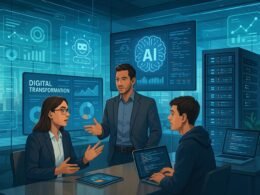 Dynamisches Büro mit vielfältigem Team, holographischen Dateninterfaces und moderner Technologie im futuristischen Arbeitsumfeld, City-Hintergrund.