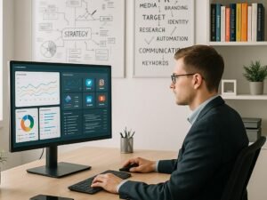 PR-Experte arbeitet in modernem, hellem Büro mit großem Monitor, Dashboards und Whiteboards mit Strategien, Fachbücher im Hintergrund