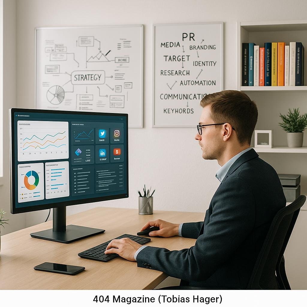 PR-Experte arbeitet in modernem, hellem Büro mit großem Monitor, Dashboards und Whiteboards mit Strategien, Fachbücher im Hintergrund