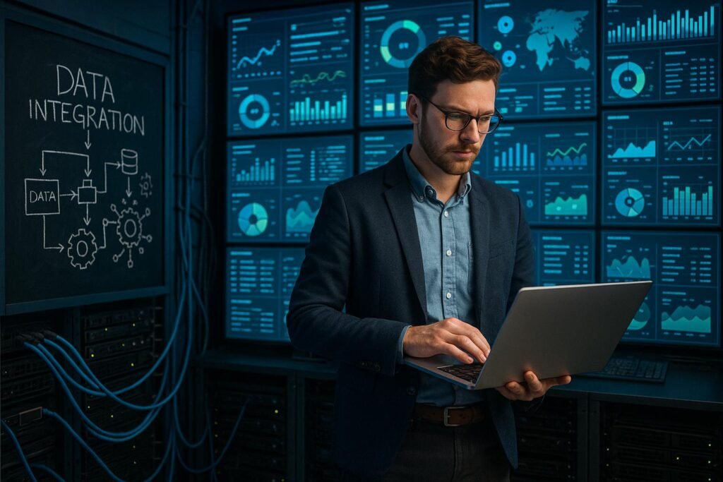 Ein futuristisches Data-Center mit großen Monitoren, Datenvisualisierungen und einem Business-Viewer, der Daten analysiert