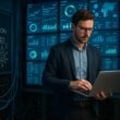 Ein futuristisches Data-Center mit großen Monitoren, Datenvisualisierungen und einem Business-Viewer, der Daten analysiert