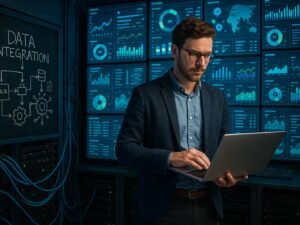 Ein futuristisches Data-Center mit großen Monitoren, Datenvisualisierungen und einem Business-Viewer, der Daten analysiert