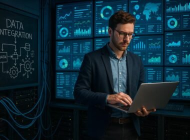 Ein futuristisches Data-Center mit großen Monitoren, Datenvisualisierungen und einem Business-Viewer, der Daten analysiert