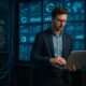 Ein futuristisches Data-Center mit großen Monitoren, Datenvisualisierungen und einem Business-Viewer, der Daten analysiert