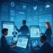 Modernes High-Tech-Newsroom mit digitalen Bildschirmen, PR-Profis, Touchscreens und Robotik, beleuchtet mit blauen und weißen Lichtern, mit Icons für APIs, soziale Medien und Cloud-Daten.