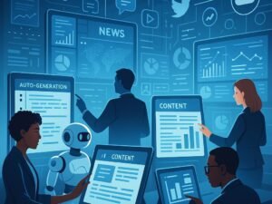 Modernes High-Tech-Newsroom mit digitalen Bildschirmen, PR-Profis, Touchscreens und Robotik, beleuchtet mit blauen und weißen Lichtern, mit Icons für APIs, soziale Medien und Cloud-Daten.