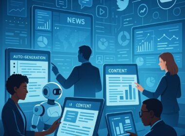 Modernes High-Tech-Newsroom mit digitalen Bildschirmen, PR-Profis, Touchscreens und Robotik, beleuchtet mit blauen und weißen Lichtern, mit Icons für APIs, soziale Medien und Cloud-Daten.