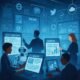 Modernes High-Tech-Newsroom mit digitalen Bildschirmen, PR-Profis, Touchscreens und Robotik, beleuchtet mit blauen und weißen Lichtern, mit Icons für APIs, soziale Medien und Cloud-Daten.