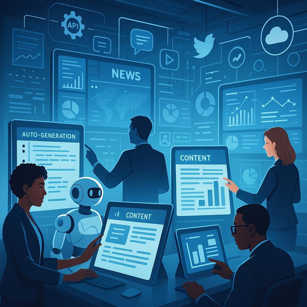 Modernes High-Tech-Newsroom mit digitalen Bildschirmen, PR-Profis, Touchscreens und Robotik, beleuchtet mit blauen und weißen Lichtern, mit Icons für APIs, soziale Medien und Cloud-Daten.