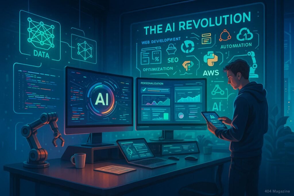 Futuristischer Arbeitsplatz mit Monitoren, holographischen Displays und digitaler Wand, die KI-Frameworks und Datenvisualisierungen zeigt