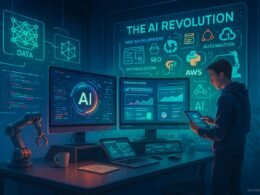 Futuristischer Arbeitsplatz mit Monitoren, holographischen Displays und digitaler Wand, die KI-Frameworks und Datenvisualisierungen zeigt