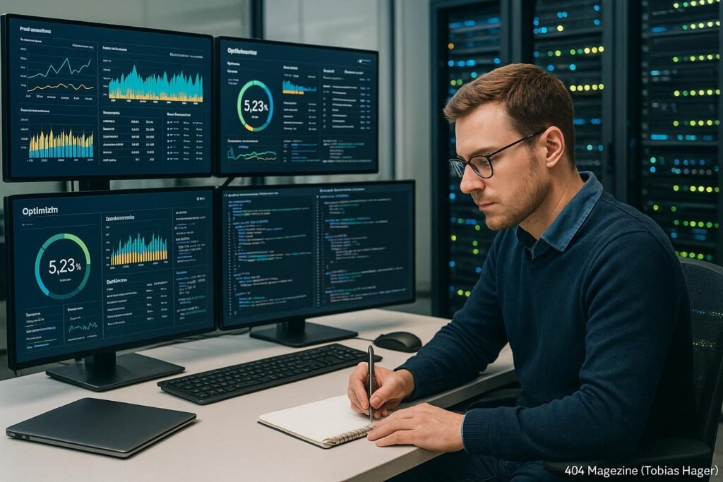 Analyst in Business-Casual-Kleidung vor mehreren Monitoren mit technischen Dashboards in einem modernen High-Tech-Arbeitsraum mit Server-Racks und leuchtenden Kontrolllampen