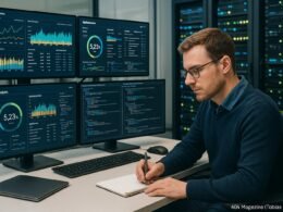 Analyst in Business-Casual-Kleidung vor mehreren Monitoren mit technischen Dashboards in einem modernen High-Tech-Arbeitsraum mit Server-Racks und leuchtenden Kontrolllampen