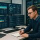 Analyst in Business-Casual-Kleidung vor mehreren Monitoren mit technischen Dashboards in einem modernen High-Tech-Arbeitsraum mit Server-Racks und leuchtenden Kontrolllampen