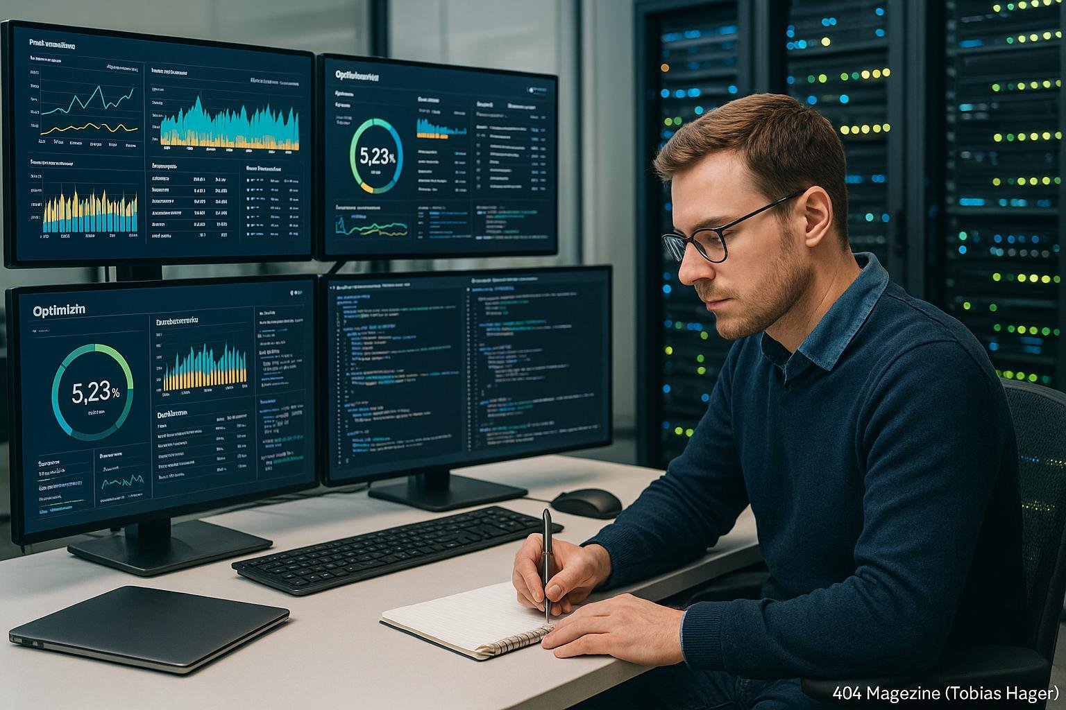 Analyst in Business-Casual-Kleidung vor mehreren Monitoren mit technischen Dashboards in einem modernen High-Tech-Arbeitsraum mit Server-Racks und leuchtenden Kontrolllampen