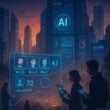 Futuristische Stadt bei Sonnenuntergang mit leuchtenden Gebäuden, holographischen Anzeigen und einer KI-gesteuerten Steuerzentrale, die Überwachung und soziale Daten visualisiert