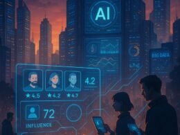 Futuristische Stadt bei Sonnenuntergang mit leuchtenden Gebäuden, holographischen Anzeigen und einer KI-gesteuerten Steuerzentrale, die Überwachung und soziale Daten visualisiert