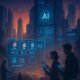 Futuristische Stadt bei Sonnenuntergang mit leuchtenden Gebäuden, holographischen Anzeigen und einer KI-gesteuerten Steuerzentrale, die Überwachung und soziale Daten visualisiert