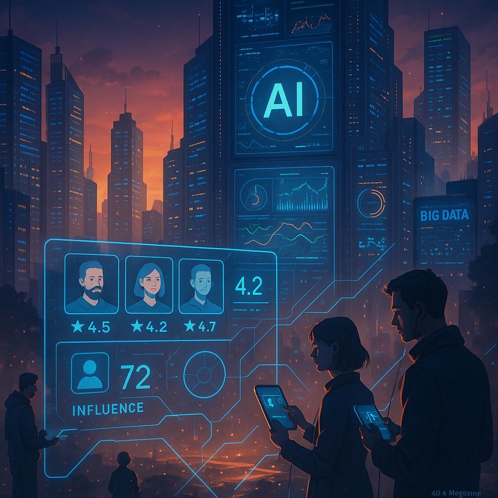 Futuristische Stadt bei Sonnenuntergang mit leuchtenden Gebäuden, holographischen Anzeigen und einer KI-gesteuerten Steuerzentrale, die Überwachung und soziale Daten visualisiert