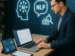 Modernes Büro mit digitaler Wand und Technik, Mensch arbeitet an Texten, Symbole für KI und Datenanalyse im Hintergrund, Tobias Hager, 404 Magazine