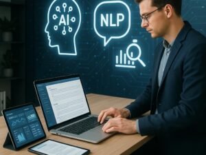 Modernes Büro mit digitaler Wand und Technik, Mensch arbeitet an Texten, Symbole für KI und Datenanalyse im Hintergrund, Tobias Hager, 404 Magazine