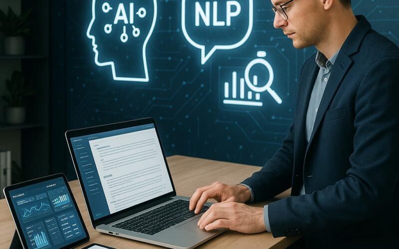 Modernes Büro mit digitaler Wand und Technik, Mensch arbeitet an Texten, Symbole für KI und Datenanalyse im Hintergrund, Tobias Hager, 404 Magazine