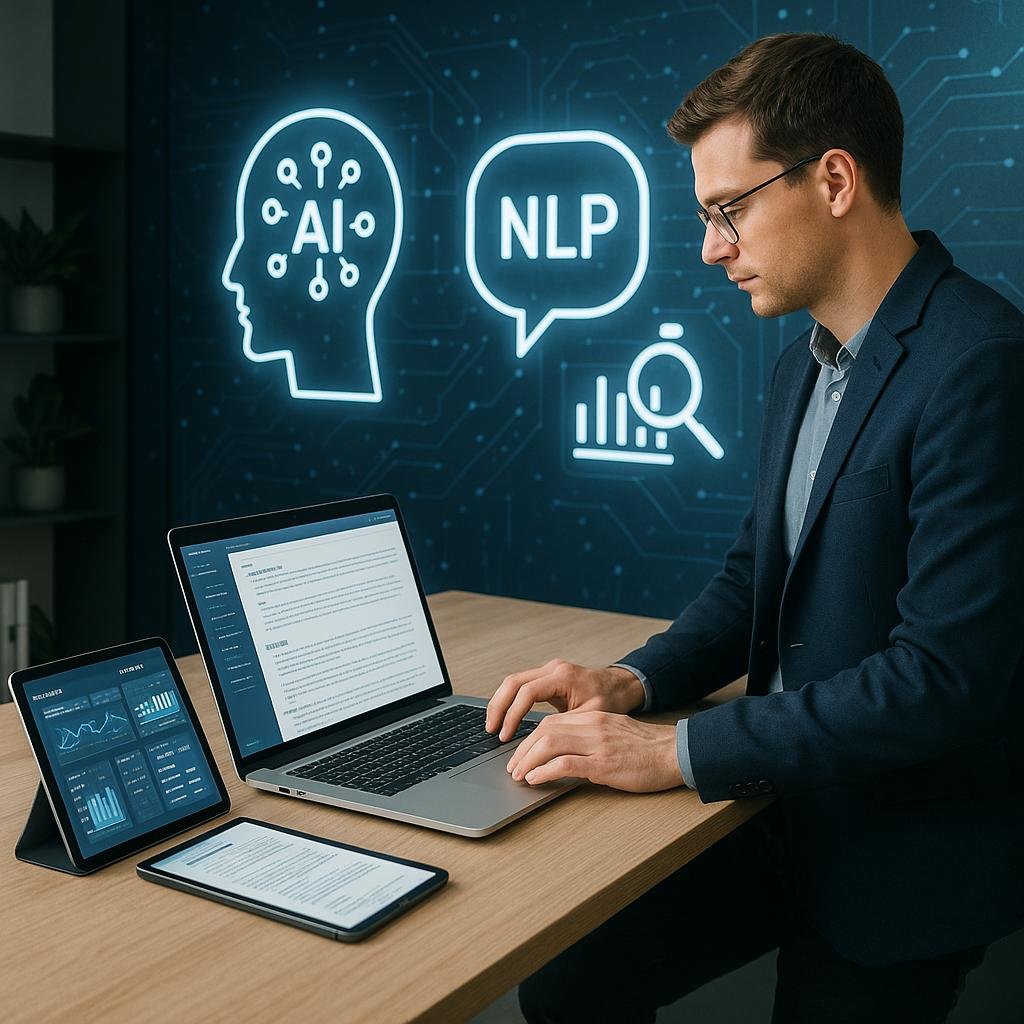 Modernes Büro mit digitaler Wand und Technik, Mensch arbeitet an Texten, Symbole für KI und Datenanalyse im Hintergrund, Tobias Hager, 404 Magazine
