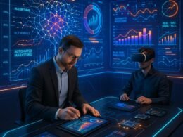 Futuristisches Arbeitsumfeld mit holographischer Wand, digitalen Geräten und Personen bei interaktiver Datenanalyse im Marketing.