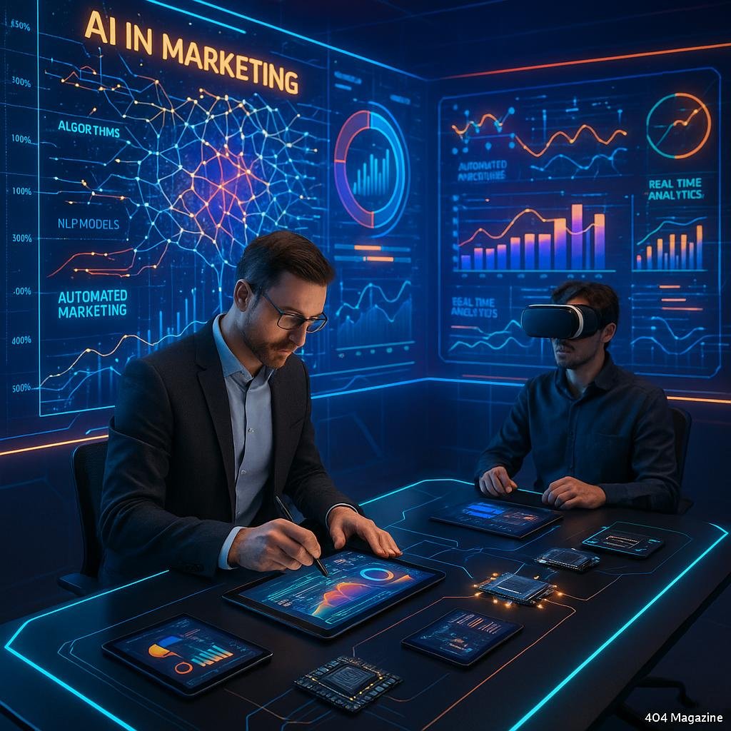 Futuristisches Arbeitsumfeld mit holographischer Wand, digitalen Geräten und Personen bei interaktiver Datenanalyse im Marketing.