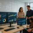 Moderner Daten-Workspace mit großen Monitoren, Datenvisualisierungen, Business-Teams in Diskussion, transparente Grafiken und Symbolen für Datenintegration im hell erleuchteten Büro.