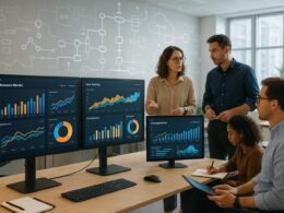 Moderner Daten-Workspace mit großen Monitoren, Datenvisualisierungen, Business-Teams in Diskussion, transparente Grafiken und Symbolen für Datenintegration im hell erleuchteten Büro.