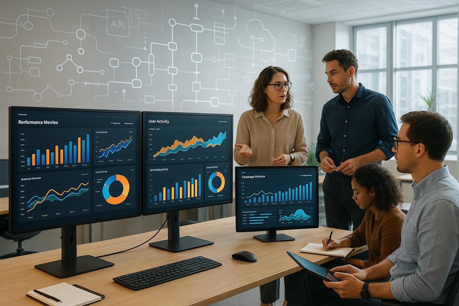 Moderner Daten-Workspace mit großen Monitoren, Datenvisualisierungen, Business-Teams in Diskussion, transparente Grafiken und Symbolen für Datenintegration im hell erleuchteten Büro.
