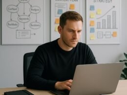 Menschlicher Agent konzentriert auf Laptop im modernen Büro mit Whiteboards, Notizbüchern, Kaffee und Smartphone, geeignet für Content- und SEO-Strategien.