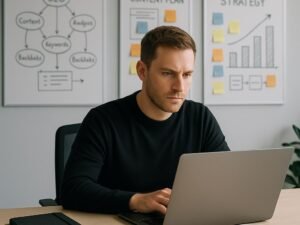 Menschlicher Agent konzentriert auf Laptop im modernen Büro mit Whiteboards, Notizbüchern, Kaffee und Smartphone, geeignet für Content- und SEO-Strategien.