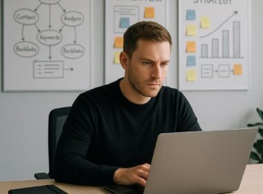 Menschlicher Agent konzentriert auf Laptop im modernen Büro mit Whiteboards, Notizbüchern, Kaffee und Smartphone, geeignet für Content- und SEO-Strategien.