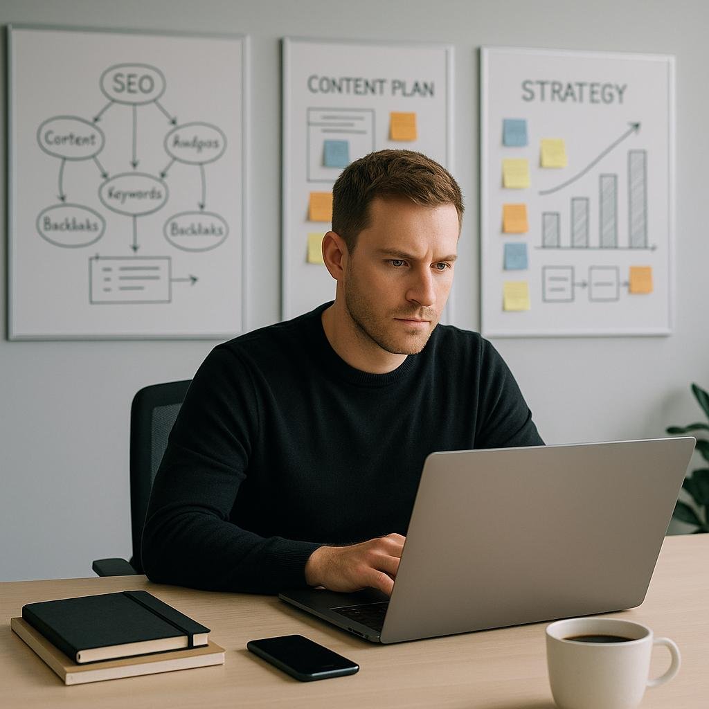 Menschlicher Agent konzentriert auf Laptop im modernen Büro mit Whiteboards, Notizbüchern, Kaffee und Smartphone, geeignet für Content- und SEO-Strategien.