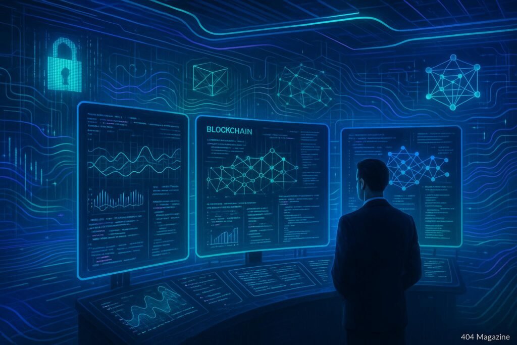 Futuristisches Kontrollzentrum mit holographischen Data-Displays, Blockchain- und KI-Symbolen in cyberpunkartigem Design