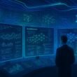 Futuristisches Kontrollzentrum mit holographischen Data-Displays, Blockchain- und KI-Symbolen in cyberpunkartigem Design