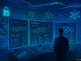 Futuristisches Kontrollzentrum mit holographischen Data-Displays, Blockchain- und KI-Symbolen in cyberpunkartigem Design
