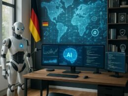 Internationale Arbeitsumgebung in Deutschland mit Monitoren, digitaler Weltkarte, holografischen Datenströmen und einem KI-Roboter in einem minimalistischen, modernen Büro.