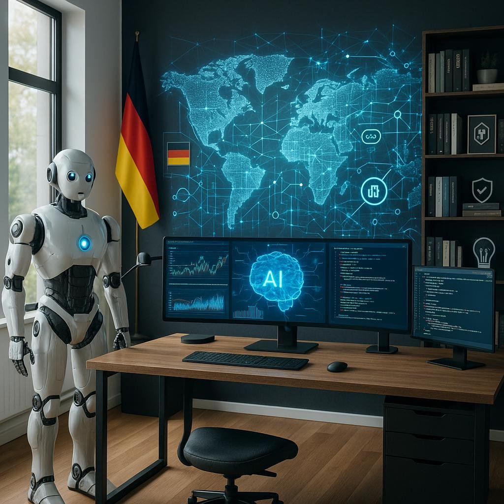 Internationale Arbeitsumgebung in Deutschland mit Monitoren, digitaler Weltkarte, holografischen Datenströmen und einem KI-Roboter in einem minimalistischen, modernen Büro.